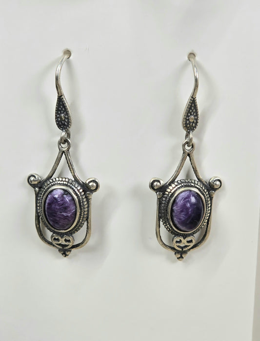 Charoite Hook Sterling Silver Earrings AAA Grade