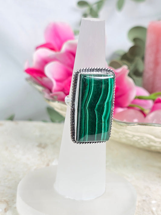 Malachite Sz 7.5 Sterling Silver Set Ring