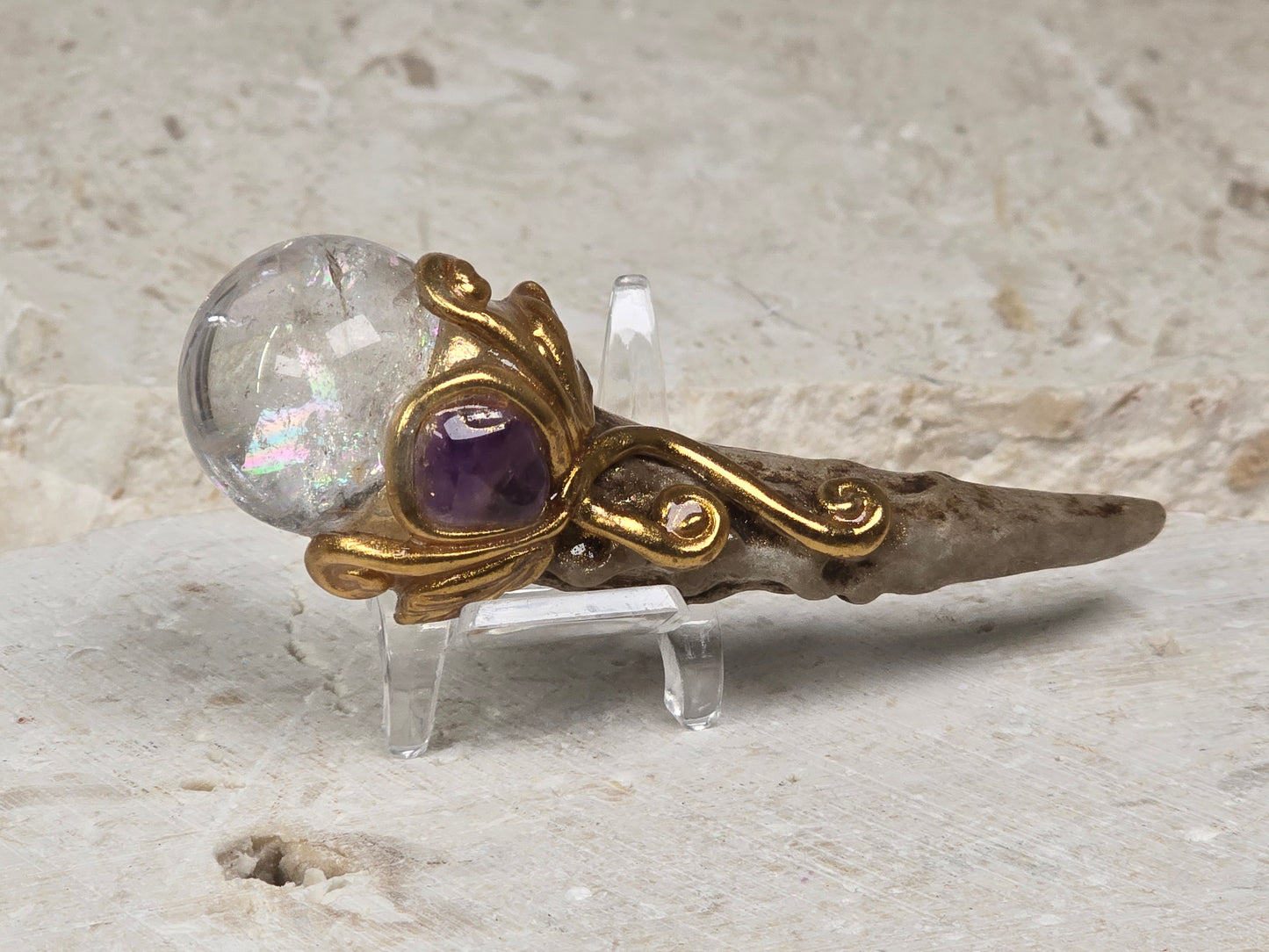 Clear Quartz & Amethyst Deer Horn wand with stand