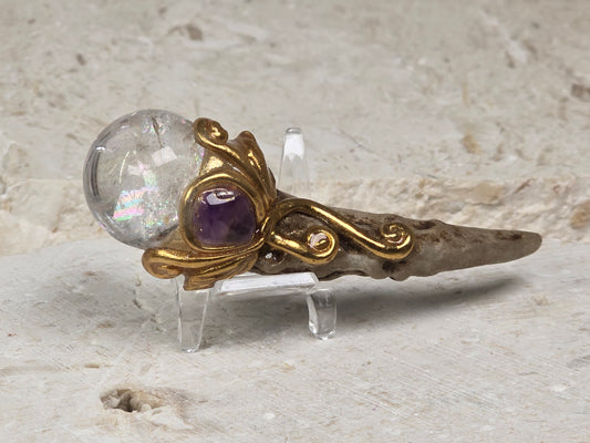 Clear Quartz & Amethyst Deer Horn wand with stand