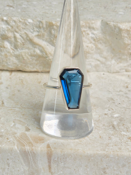 Blue Tourmaline Coffin Shape Sterling Silver Ring Sz8