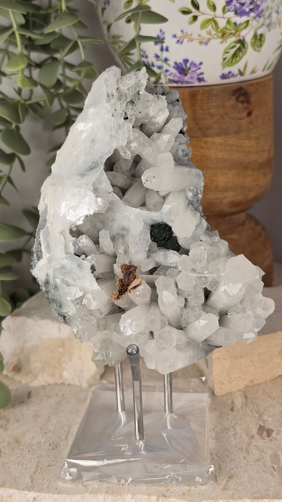 Clear Quartz with Calcite, Helvinite, Pyrrohotite