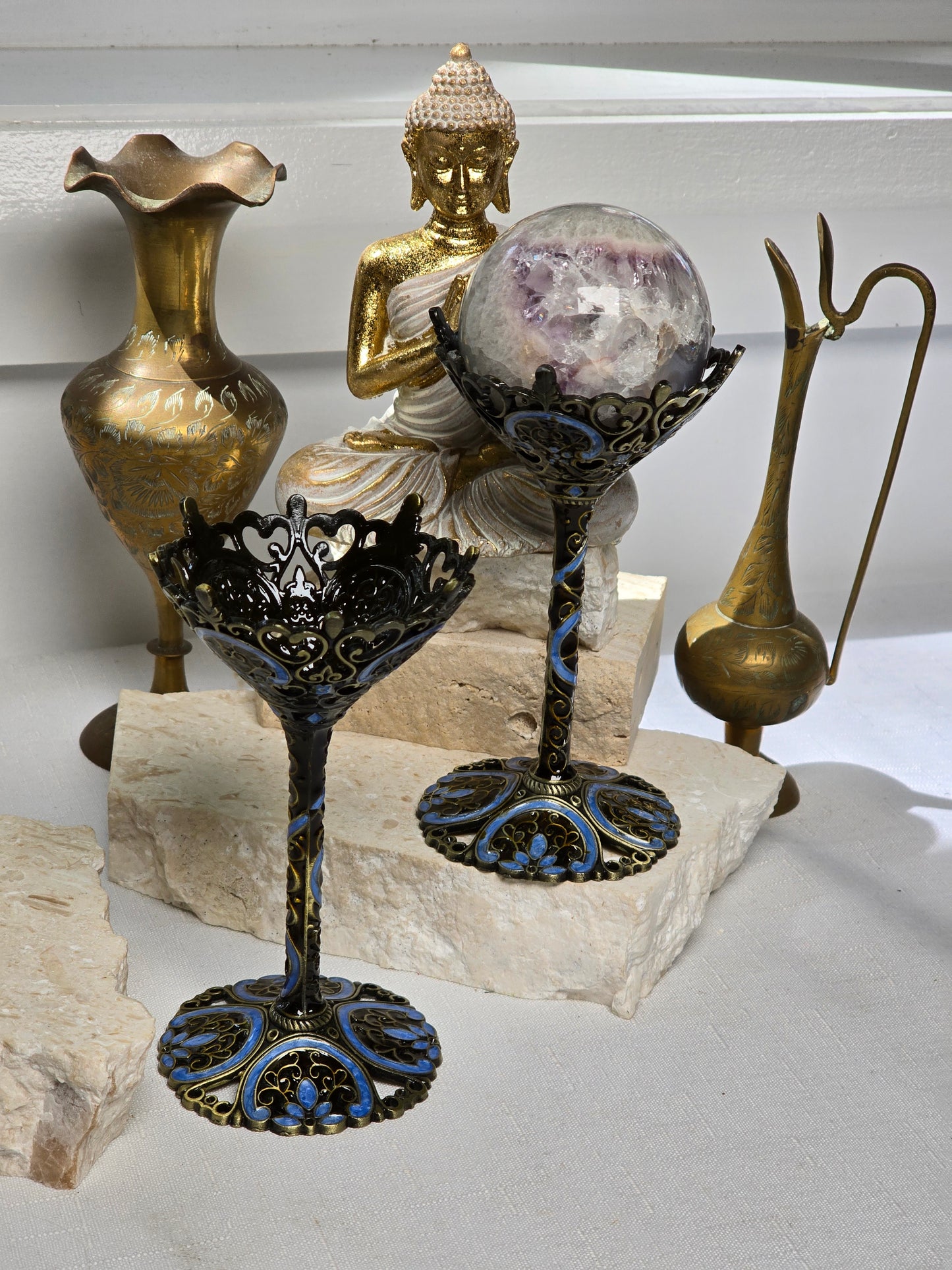 Bronze/Blue Metal Goblet Style Sphere Stand