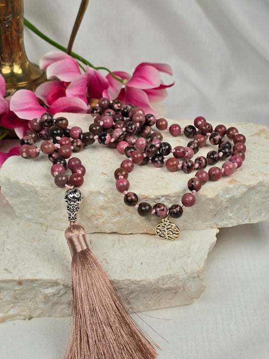 Pink Rhodenite Mala Bead Necklace