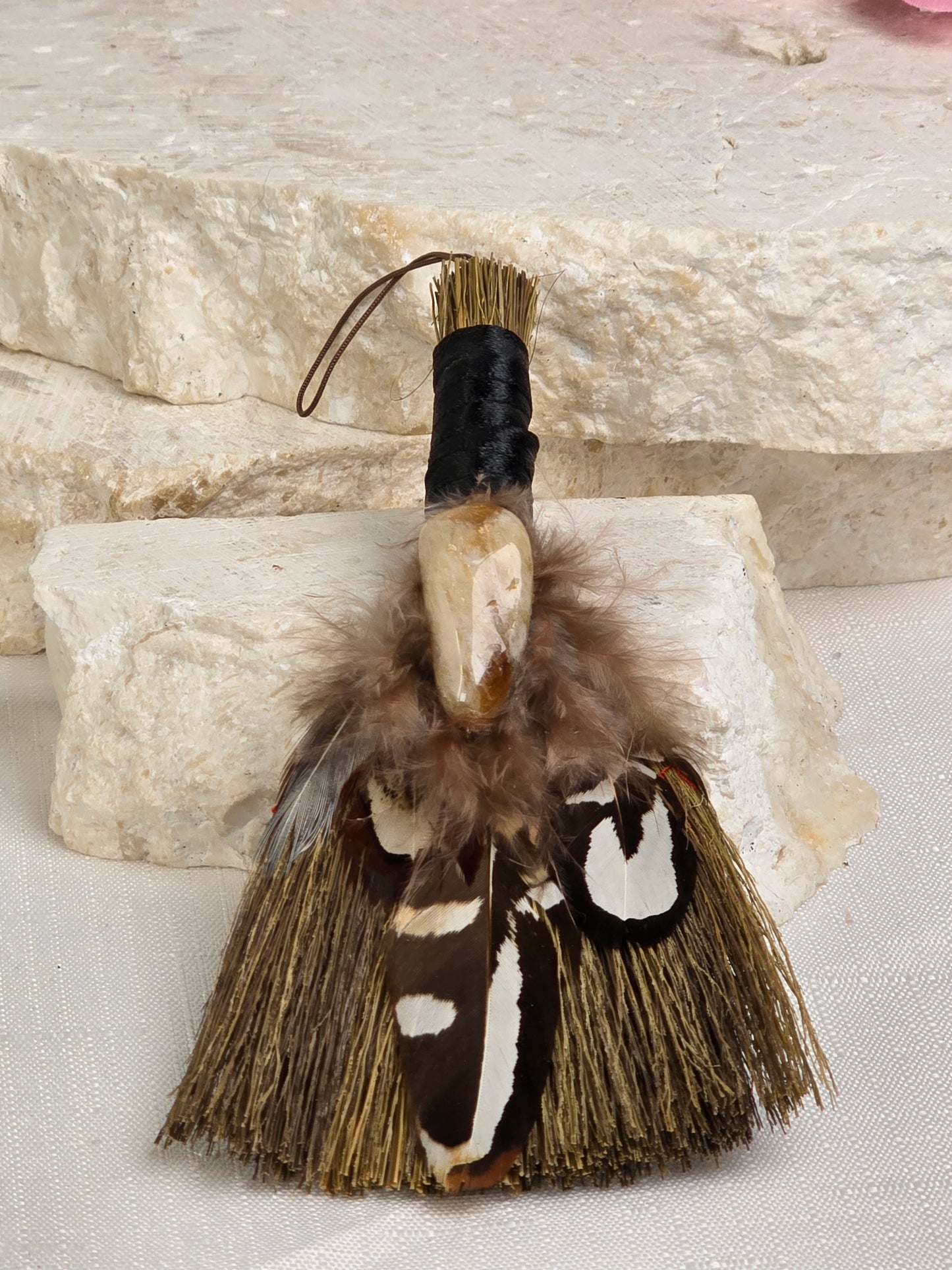 Hand crafted Ritual Bessom with feathers and Honey Citrine