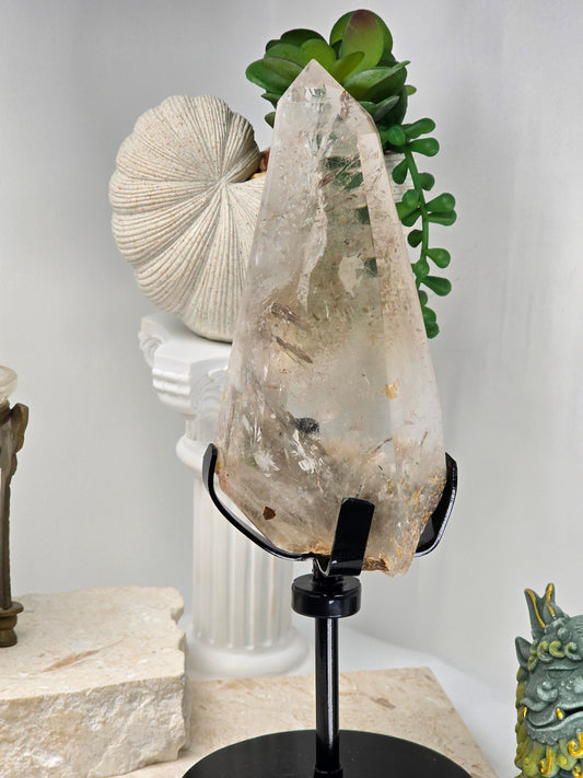 Light Smoky Garden Quartz Point in stand